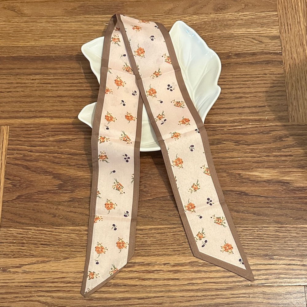 Floral Scarf in Cream and Brown Head Neck or Purse Boho Fairy Floral Feminine